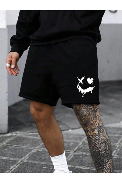 MODARİCH X Heart Face Σορτς - Μαύρο εμπριμέ ψηλόμεσο πλεκτό γυναικείο με τσέπες