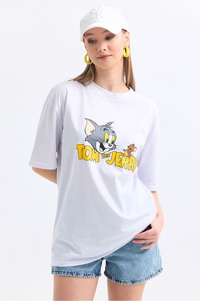 MD trend Women's Front And Back Tom Jerry Printed Cotton Oversize T-Shirt