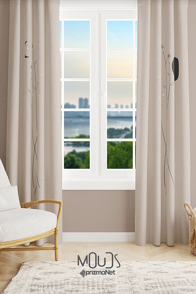Moud's Beige Minimal Flower Patterned Suede Living Room Hall Background Curtain Printed Extrafor Drawstring 2 Sash PRD-1058
