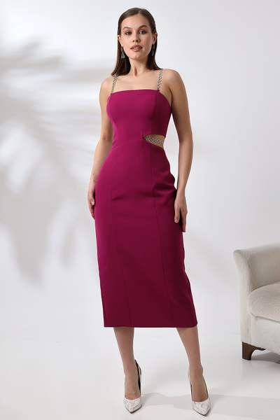 Kulis Moda Mürdüm Askılı Bel Detay Taşlı Zincirli Midi Abiye Elbise