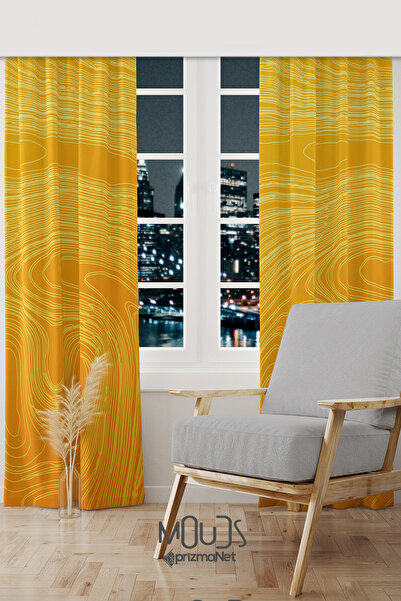 Moud's Yellow Wave Stile Desenli Süet Oturma Odası Salon Fon Perde Baskılı Ek...