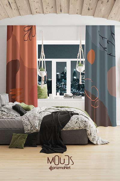 Moud's Best Pastel Patterned Suede Living Room Hall Background Curtain Printed Extrafor Drawstring 2 Sash PRD-1049