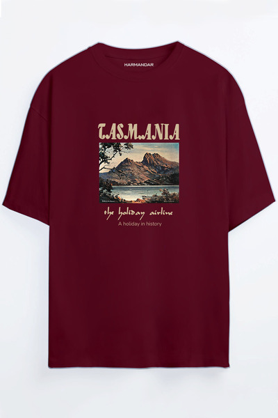 Harmandar تي شيرت Tasmania مطبوع باللون العنابي - أزرق كبير الحجم