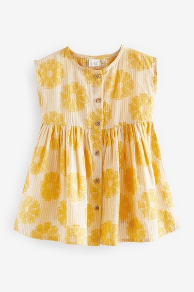 Next Baby Yellow Floral Patterned 100% Cotton Short Sleeve Dress