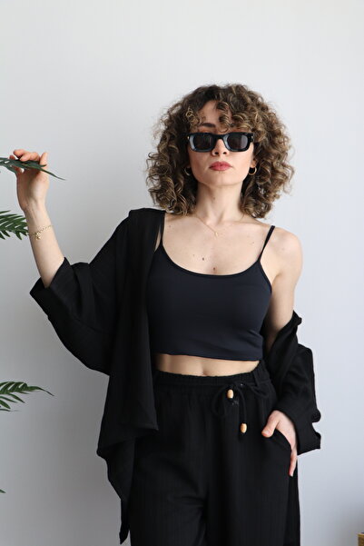 TAVLU Linen Shirt and Trousers Set - Black with Tie Detail