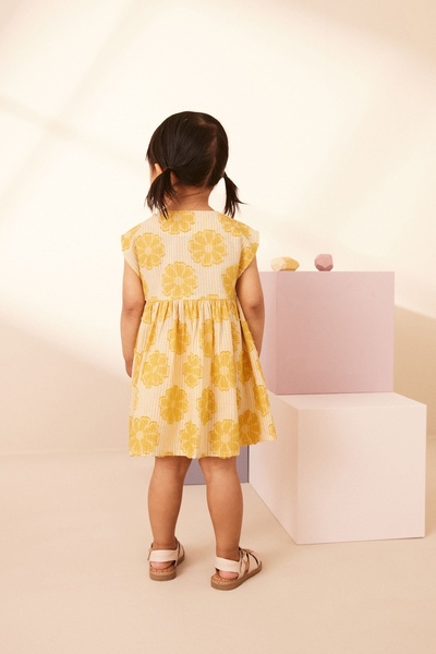 Next Baby Yellow Floral Patterned 100% Cotton Short Sleeve Dress
