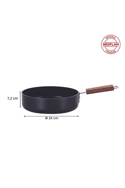 NEOFLAM Bien Black Induction 24 cm Shallow Cookware 24 cm Wok Pan Set 3 Pieces with Acacia Wood Handle