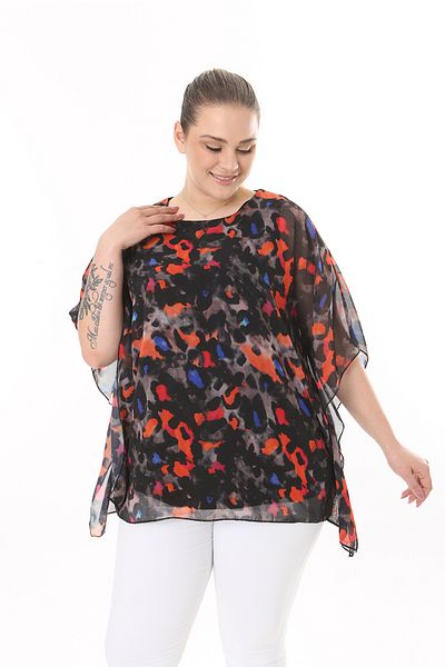 XL Modam WOMEN'S LARGE SIZE BLACK RED CHIFFON TUNIC