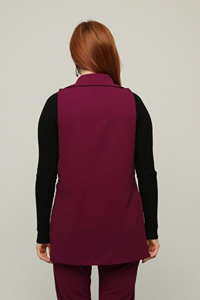 Seamoda Plus Size Crepe Skuba Vest Trousers Double Set-BORDO