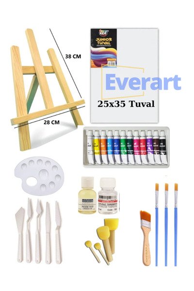 everart Masaüstü Şövale Yağlı Boya Seti Başlangıç Seti, Çocuk Şövale, Boyama, Fırça, Tuval Full Set