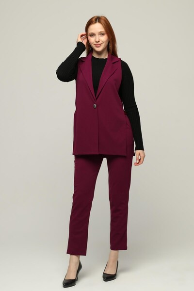 Seamoda Plus Size Crepe Skuba Vest Trousers Double Set-BORDO