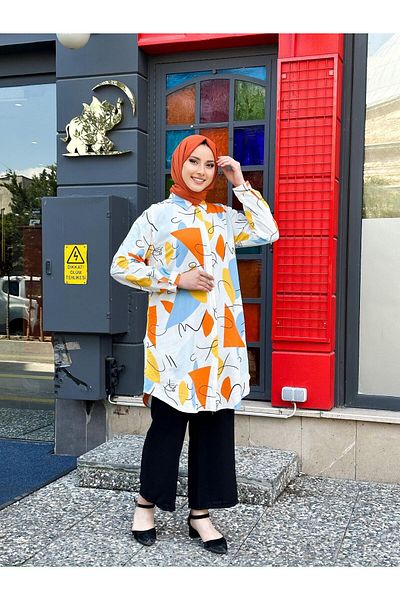 Swet Shop Jeans Women's Large Size Oversize Orange White Color Woven Viscose Fabric Tunic