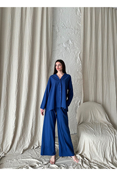 Laluvia Indigo vászon kétlábú nadrág ing szett