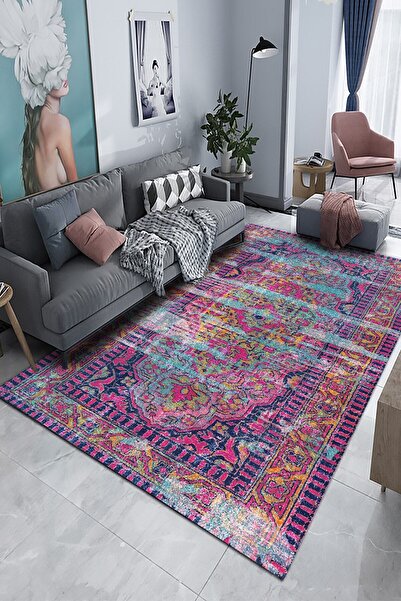 Lattedizayn Lane Şönil Eko Desenli Pamuk Tabanlı Yıkanabilen Kaydırmaz Antiba...