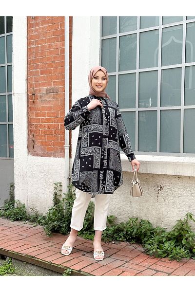 Swet Shop Jeans Women's Large Size Battal White Black Color Woven Viscose Fabric Tunic