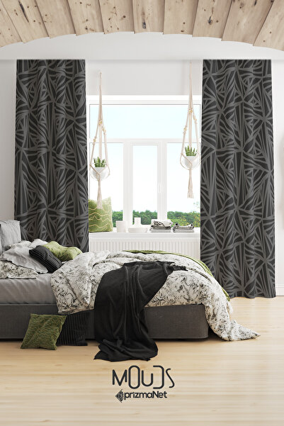 Moud's Gray Triangle Patterned Suede Living Room Hall Background Curtain Digital Printed Extrafor Drawstring 2 Sash PRD-1072