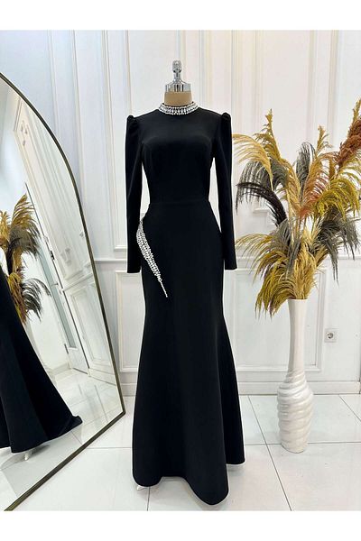 RUVİTA Crepe Evening Dress Collar and Belt Stone Detailed Dress Rosa