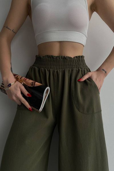 Ortaya Çık Khaki Wide Leg Elastic Waist Gabardine Trousers