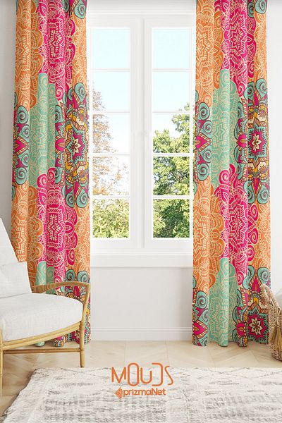 Moud's Mandala Patterned Suede Living Room Hall Background Curtain Digital Printed Extrafor Drawstring 2 Sash PRD-1099