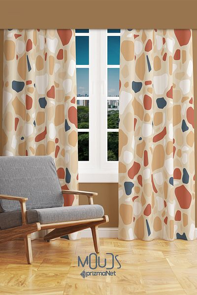 Moud's West Stone Patterned Suede Living Room Hall Background Curtain Printed Extrafor Drawstring 2 Sash PRD-1082