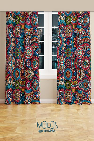 Moud's Anatolia 10 Patterned Suede Living Room Hall Background Curtain Printed Extrafor Drawstring 2 Sash PRD-1101