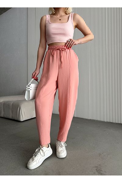 schlank Women's Pink Elastic Waist Pocket Ayrobin Baggy Trousers