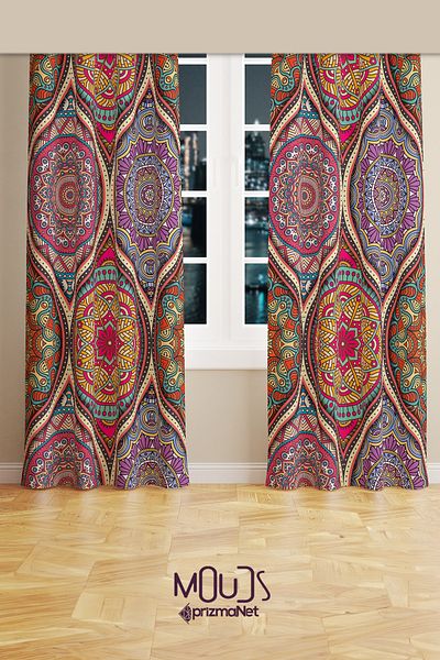 Moud's Colorful Mandala Patterned Suede Living Room Hall Background Curtain Printed Extrafor Drawstring 2 Sash PRD-1102
