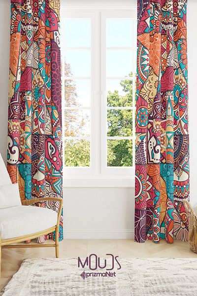 Moud's Mandala Ethnic Patterned Suede Living Room Hall Background Curtain Printed Extrafor Drawstring 2 Sash PRD-1100