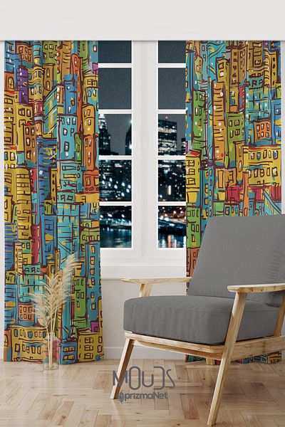 Moud's City Art Patterned Suede Living Room Hall Background Curtain Printed Extrafor Drawstring 2 Sash PRD-1092