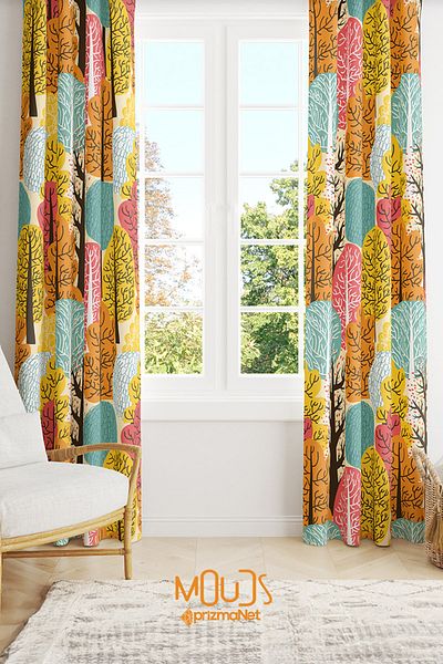 Moud's Colorful Tree Patterned Suede Living Room Hall Background Curtain Printed Extrafor Drawstring 2 Sash PRD-1090