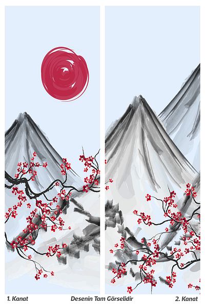 Moud's Blossom Japan 2 Patterned Suede Living Room Hall Background Curtain Printed Extrafor Drawstring 2 Sash PRD-1107