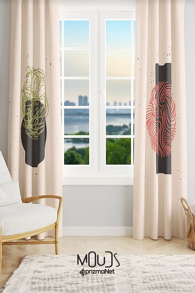 Moud's Minimal Art Patterned Suede Living Room Hall Background Curtain Printed Extrafor Drawstring 2 Sash PRD-1113