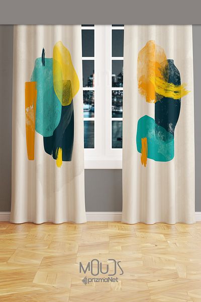 Moud's Colorful Oval Patterned Suede Living Room Hall Background Curtain Printed Extrafor Drawstring 2 Sash PRD-1110