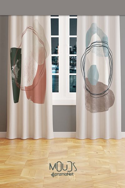 Moud's Soft Oval Patterned Suede Living Room Hall Background Curtain Printed Extrafor Drawstring 2 Sash PRD-1111