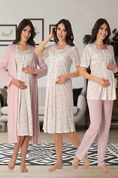 by İGP Women's Pink Maternity Dressing Gown, Nightgown and Pajama Set, Set of 4