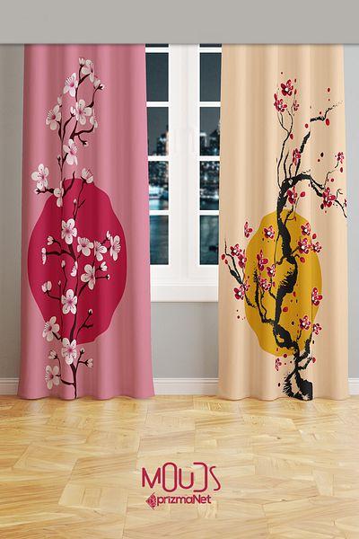 Moud's Blossom Japan 1 Patterned Suede Living Room Hall Background Curtain Printed Extrafor Drawstring 2 Sash PRD-1106