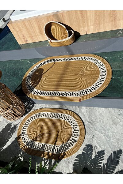 Türkmen Ev Tekstil Jute 4-Piece Bath Mat Set, Wicker Bath Mat, Basket, Balcony Mat, Decor Mat Set