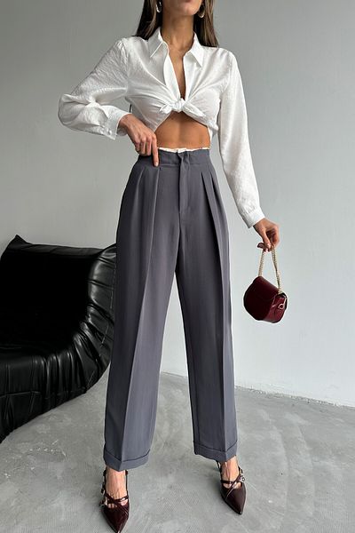 LB Laluna Butik Women's Waist Detailed Double Leg Pleated Draped Fabric Trousers
