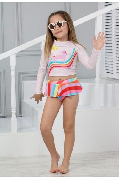 PODİUM GİYİM Unicorn Print Sun Protection Crop Top and Mini Skirt - Ruffled Bikini Set
