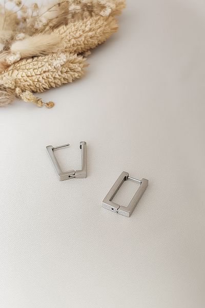 COSİTA Silver Steel Rectangular Square Design Classic Clip Earrings