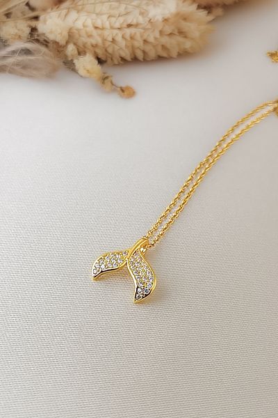 COSİTA Gold Zircon Stone Whale Tail Animal Figure Modern Design Steel Necklace