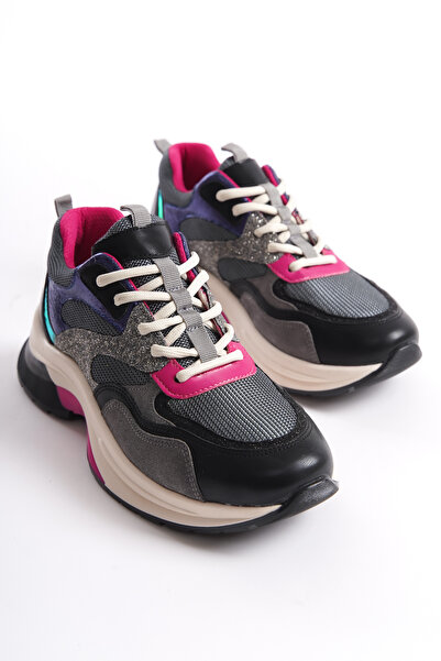 öz se shoes Mato Siyah Simli Bağcıklı Günlük Kadın Sneaker