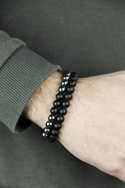 Zuk Collection Onyx and Hematite Stone Set of 2 Natural Stone Bracelet Gift Wooden Box