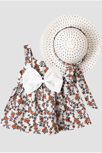 Chicsy Baby Çiçek Desenli Fiyonklu Şapkalı  Kız Bebek Elbisesi