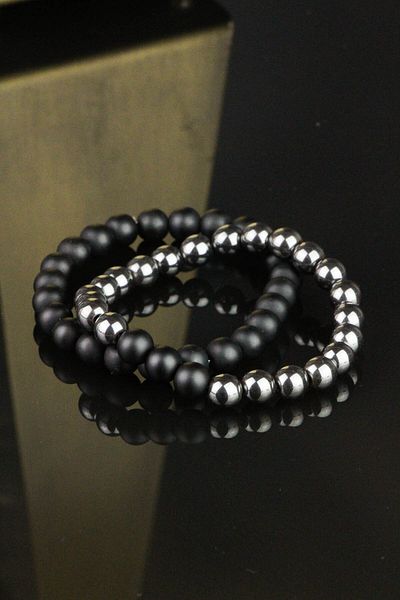 Zuk Collection Onyx and Hematite Stone Set of 2 Natural Stone Bracelet Gift Wooden Box