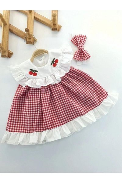 Modomood Baby Girl Red Gingham Cherry Detailed Headband Summer Dress