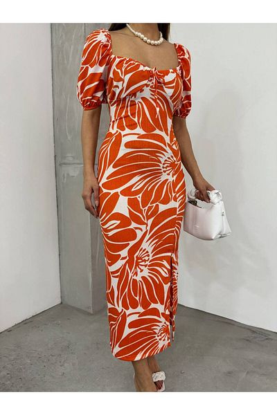 dükkan10butika Rochie de damă cu inimă de guler cu modele florale din țesătură de vară cu fante lungi, gresie, portocaliu