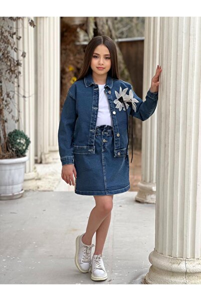 en tarz çocuklar GIRL'S DENIM SKIRT - DENIM JACKET AND T-SHIRT TRIPLE SET-23 APRIL-FESTING