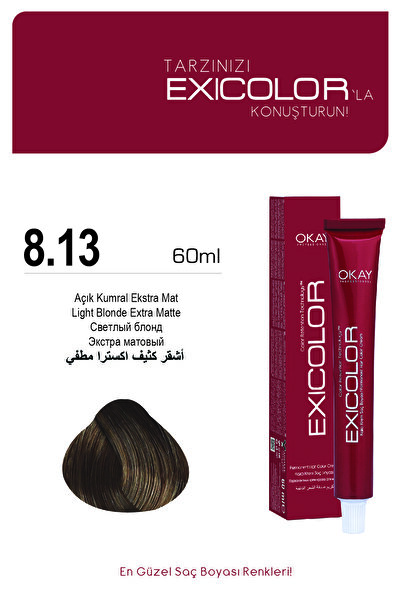 Exicolor 8.13 AÇIK KUMRAL EKSTRA MAT Kalıcı Krem Saç Boyası 60ml