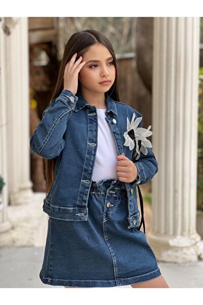 en tarz çocuklar GIRL'S DENIM SKIRT - DENIM JACKET AND T-SHIRT TRIPLE SET-23 APRIL-FESTING
